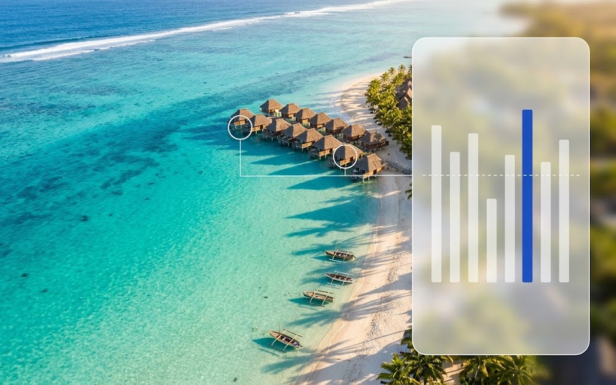 An aerial beach resort with a bar chart overlaid, one bar highlighted
