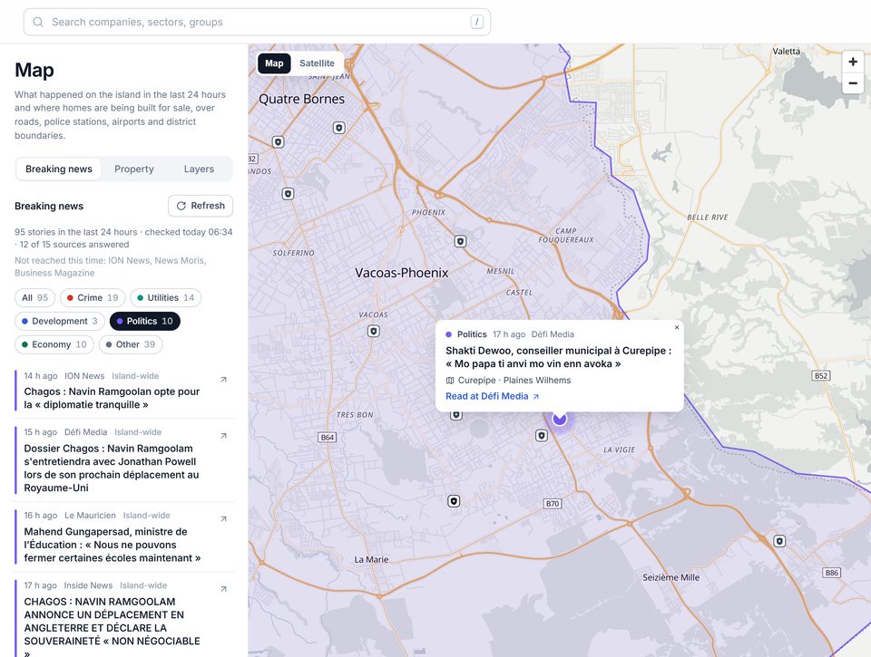 Nightfall news map: the last 24 hours of Mauritian news filtered to politics, with a Curepipe story opened on the map